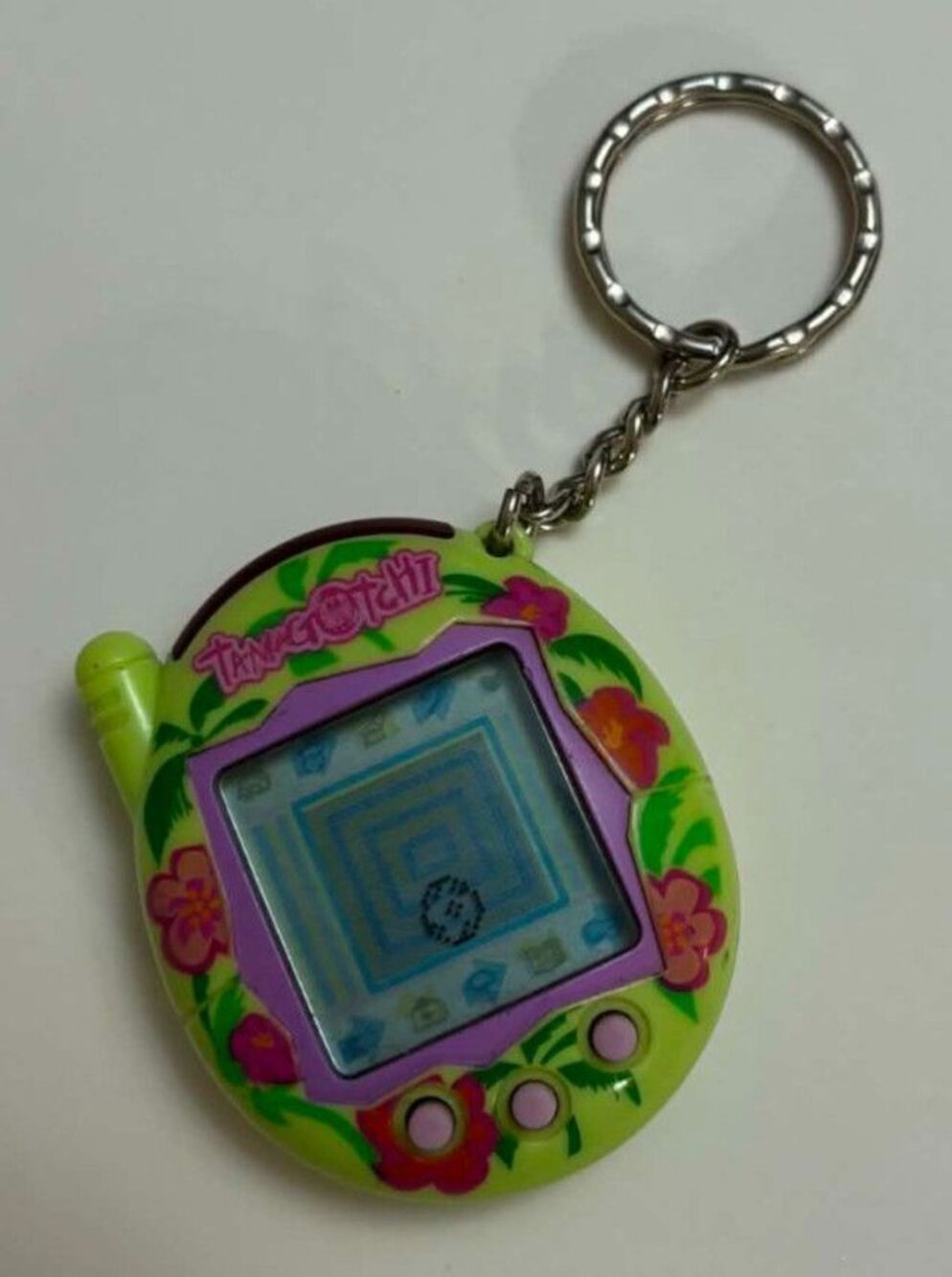Vintage Tamagotchi Connection V3 Hibiscus Tropical Green TamaTown 2004 Keychain